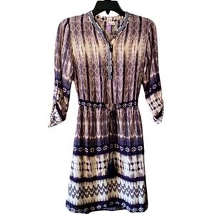 Alya Boho Tie Dye Midi Dress Navy Blue Geometric Pattern Button Front XS‎